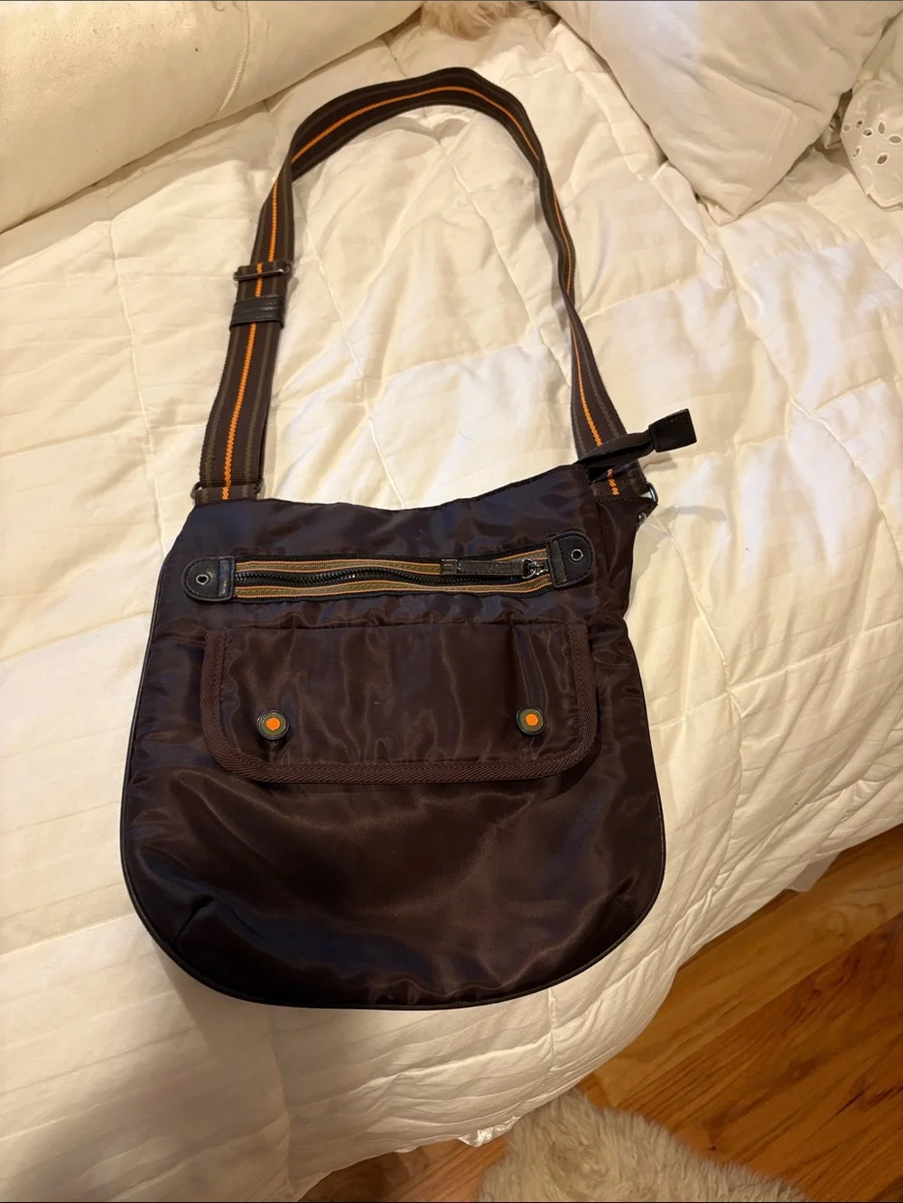 Brown Messenger Bag with Orange-Trim Adjustable Strap